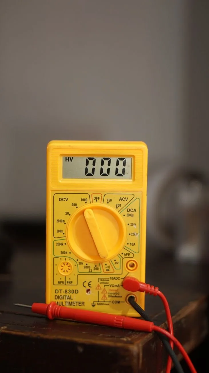 A yellow digital multimeter with test leads on a wooden bench